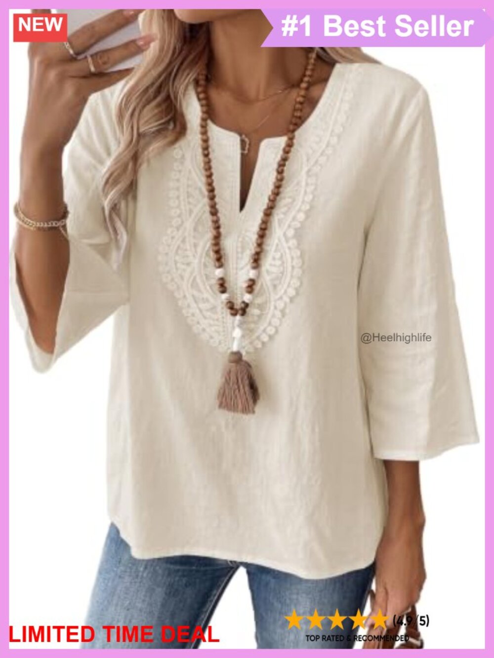 Boho V Neck 3/4 Sleeve Embroidered Lace Blouse Tunic Top